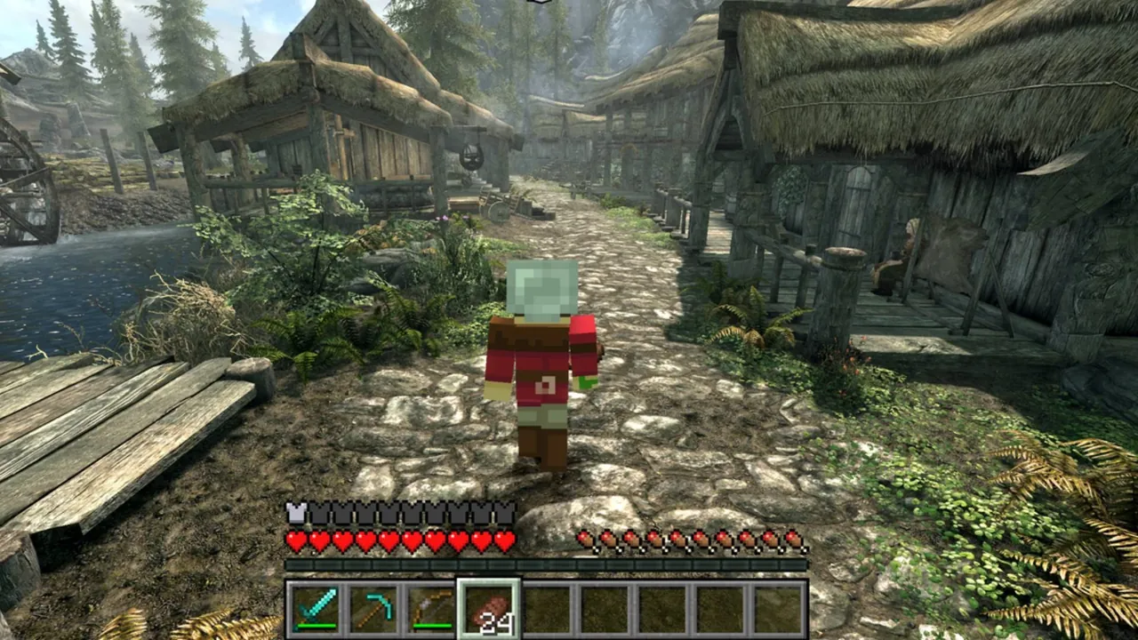 Screenshot aus SkyCraft: Eine Minecraft-Spielfigur mit Minecraft-Anzeige für Herzen, Hunger und Inventar läuft über einen Steinweg durch das Dorf Riverwood aus Skyrim.