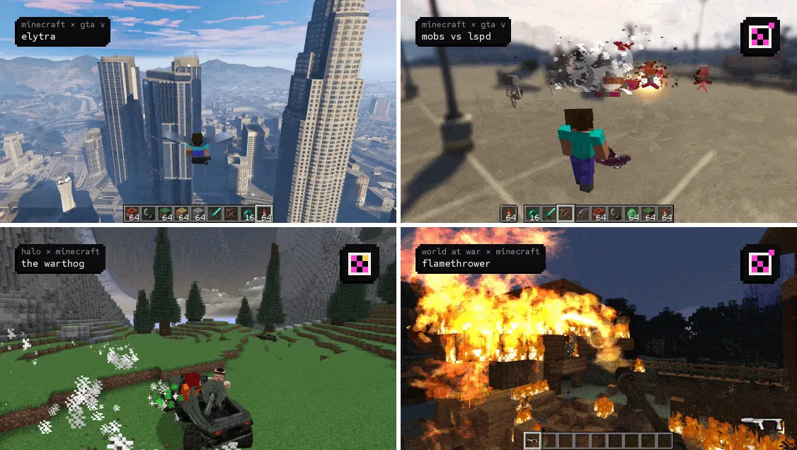 Vier Standbilder aus Mods, die mit Universal Modder entstanden sind: eine Minecraft-Figur fliegt mit Elytra-Flügeln über die Hochhäuser von Los Santos aus GTA V, Minecraft-Monster kämpfen gegen die Polizei von Los Santos, ein Halo-Warthog fährt durch eine Minecraft-Landschaft, und eine Szene aus der Kombination von Call of Duty: World at War und Minecraft zeigt einen Flammenwerfer und brennende Blöcke.