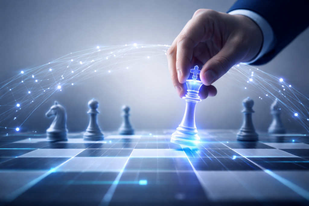 Eine Hand bewegt eine leuchtende Schachfigur (König) auf einem Schachbrett, überzogen mit einem blauen digitalen Netzwerk, was die strategische Auswahl der richtigen ChatGPT-Version im Business symbolisiert.