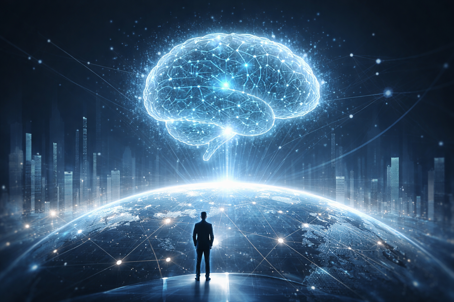Silhouette eines Geschäftsmannes, der auf einem digitalen Globus steht und auf ein leuchtendes künstliches Gehirn blickt – Symbolbild für die Dominanz der Künstlichen Intelligenz auf dem WEF Davos 2026.